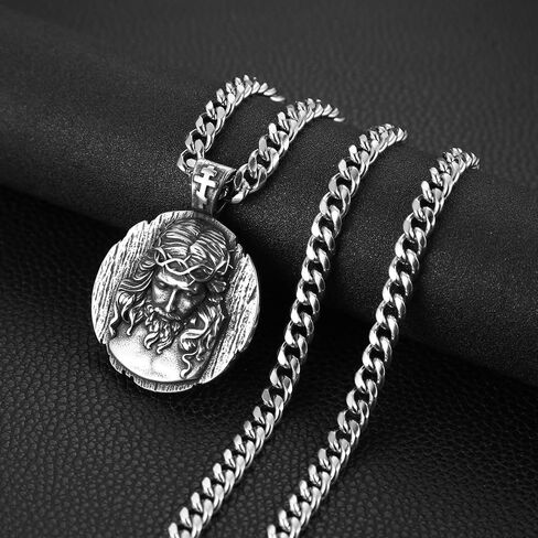 HZMAN Jesus Pendant Necklace for Men Retro Stainless Steel Medal Pendant Necklace Amulet Jewelry Gift in Saudi Arabia