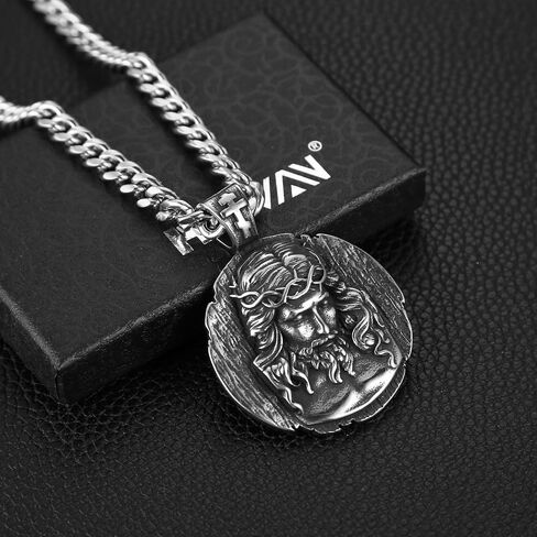 HZMAN Jesus Pendant Necklace for Men Retro Stainless Steel Medal Pendant Necklace Amulet Jewelry Gift in Saudi Arabia