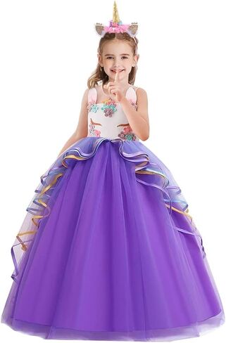 Girls Unicorn Birthday Costume Princess Tulle Dress Sleeveless Christmas Party Wedding Pageant Ball Gown w/Headband in Saudi Arabia