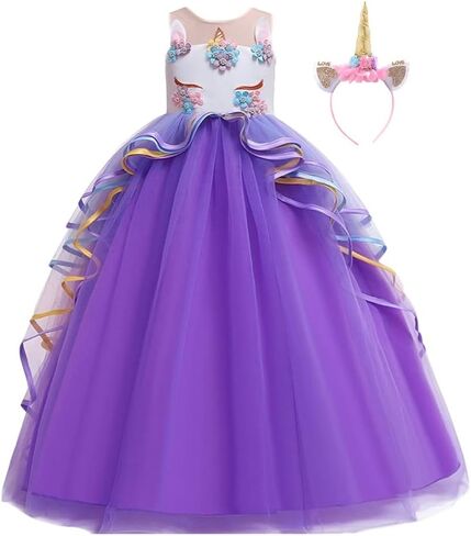 Girls Unicorn Birthday Costume Princess Tulle Dress Sleeveless Christmas Party Wedding Pageant Ball Gown w/Headband in Saudi Arabia