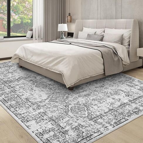 Large Area Rug 8x10 Washable Distressed Accent Rug Non Slip Stain Resistant Retro Floor Cover Ultra Thin Soft Foldable Vintage Floral Print Carpet for Living Room Nursery Home, Brown in Kuwait