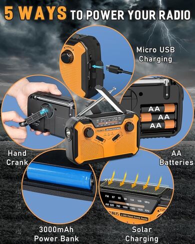 [أحدث 2024] راديو الطقس في حالات الطوارئ PRUNUS 11100 ميجاوات في الساعة، بطاريات AA/كرنك اليد/شحن الطاقة الشمسية/USB، NOAA/AM/FM، مصباح يدوي LED ومصباح قراءة، إنذار SOS ومصباح يدوي J-369 in Kuwait