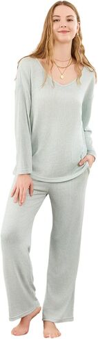 HEARTNICE Womens Ribbed Knit Pajamas Set Soft Lounge V Neck Pjs Casual Sleepwear 2 Piece Long Sleeve Outfits in Saudi Arabia