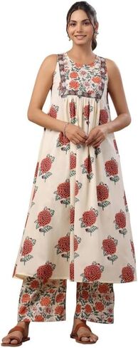 مجموعة كورتا النسائية الهندية من Janasya مصنوعة من القطن الكريمي والزهور in Kuwait