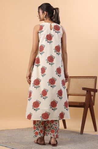 مجموعة كورتا النسائية الهندية من Janasya مصنوعة من القطن الكريمي والزهور in Kuwait