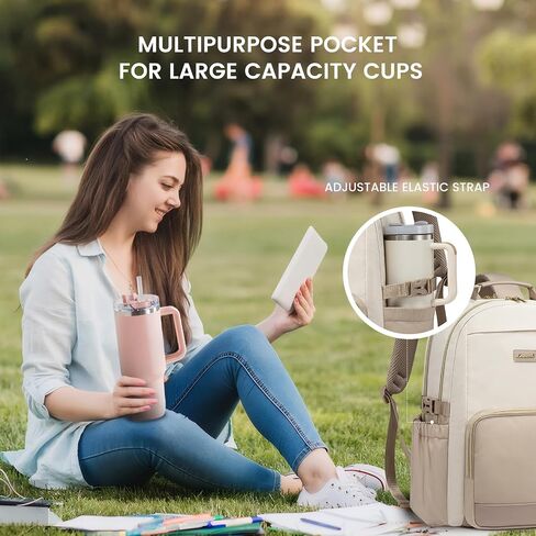 LOVEVOOK Laptop Backpack for Women with Pouch Pocket for Large Capacity Cup,15.6 Inch Laptop Computer Bag Travel Backpack Purse,Waterproof Work Business Backpack College Teacher Bags,Beige-Black-Brown in Saudi Arabia
