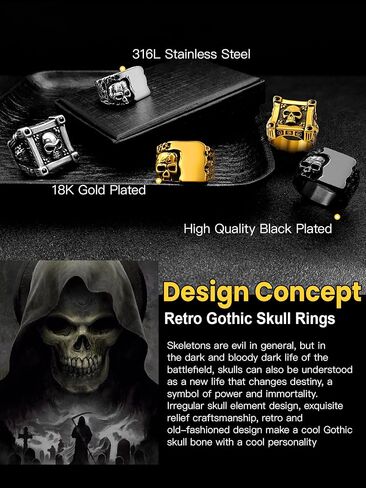 Cool Retro Skull Rings 316L Stainless Steel/18K Gold/Black Gothic Skull Band Rings Faith Jewelry for Men Women, Size7-14 with Gift Box in Kuwait