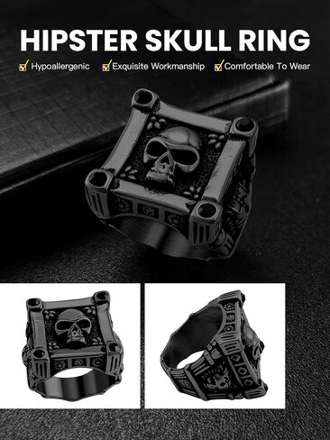 Cool Retro Skull Rings 316L Stainless Steel/18K Gold/Black Gothic Skull Band Rings Faith Jewelry for Men Women, Size7-14 with Gift Box in Kuwait
