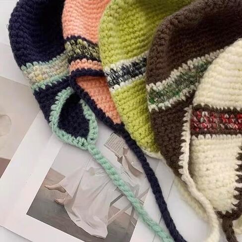 Handmade Knitted Winter Warm Foldable Earflap Hat with Vibrant Color Blocking - Fashionable Crochet Beanie Hat in Saudi Arabia