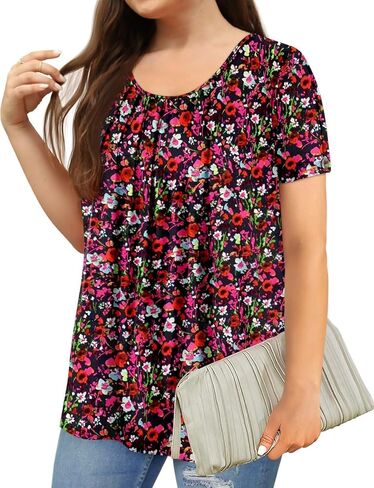 Magritta Womens Plus Size Tops Flowy Summer Blouses Short Sleeve Shirts Pleated Dressy Tunic Tops in Kuwait