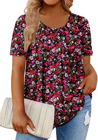 Magritta Womens Plus Size Tops Flowy Summer Blouses Short Sleeve Shirts Pleated Dressy Tunic Tops in Kuwait
