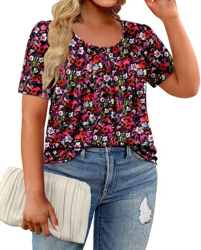 Magritta Womens Plus Size Tops Flowy Summer Blouses Short Sleeve Shirts Pleated Dressy Tunic Tops in Kuwait