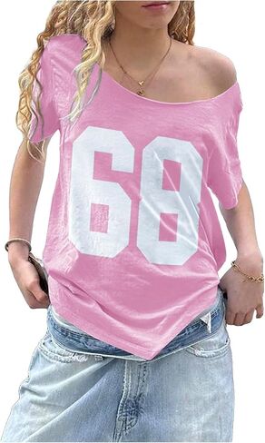 Women's Jersey Y2K Graphic One Shoulder Number Print Streetwear T Shirts Short Sleeve Loose Casual Tee Tops in Saudi Arabia