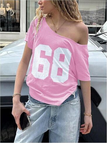 Women's Jersey Y2K Graphic One Shoulder Number Print Streetwear T Shirts Short Sleeve Loose Casual Tee Tops in Saudi Arabia