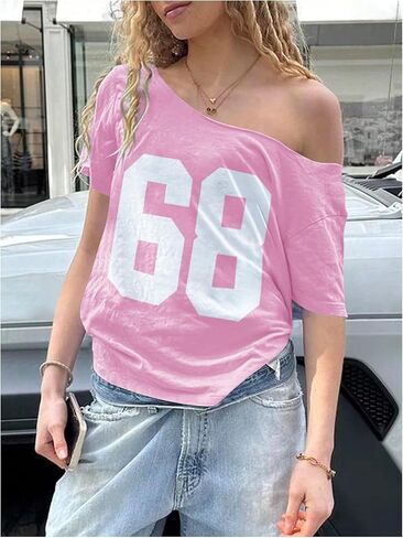 Women's Jersey Y2K Graphic One Shoulder Number Print Streetwear T Shirts Short Sleeve Loose Casual Tee Tops in Saudi Arabia