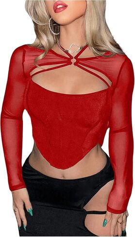 MakeMeChic Women's Cut Out Tie Back Crop Tops Mesh Sheer Long Sleeve Party Y2K Tee Shirts in Kuwait