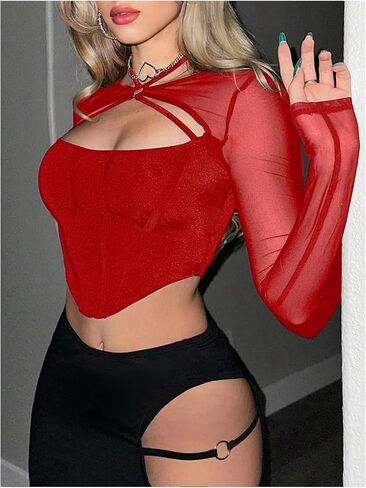 MakeMeChic Women's Cut Out Tie Back Crop Tops Mesh Sheer Long Sleeve Party Y2K Tee Shirts in Kuwait