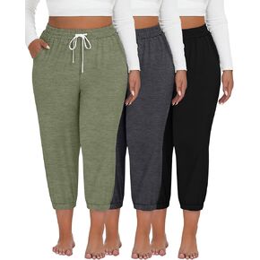Ficerd 3 Pack Women's Plus Size Capri Sweatpants Cotton Drawstring Joggers Cropped Athletic Lounge Pants Comfy with Pockets