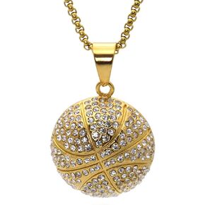 18K Gold Plated Rhinestones Necklace Stainless Steel Basketball Pendant Round Necklace