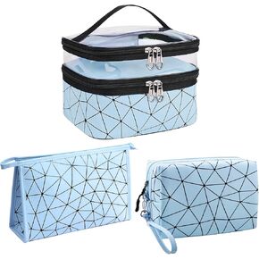 Travel Makeup Bag Organizer, Waterproofing Toiletry Bag Set, Skincare Bag with 2 Cosmetic Bags for Women (Silver)