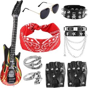 9pcs Kid Rockstar Costume, 80s Outfit for Kids Rocker Costume Men Punk Costume Rockstar Outfit Punk Accessories Rockstar Costume Accessories for Boys Kids Men