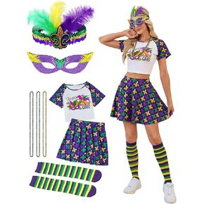 Women Mardi Gras 8pcs Costume Outfits Crop Top Skirt Sets with Socks Mask Headband Necklace Accessories