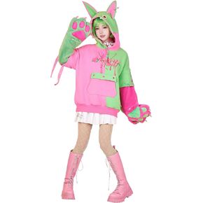 Womens Pullover Hoodie with Detachable Bag Furry Paw Design Gloves Green Pink Hoodie