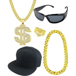 5 Pack Hip Hop Costume Kit Rapper Accessories 2000s 80s 90s Outfit Fake Gold Chain Sunglasses Ring Hat for Rapper