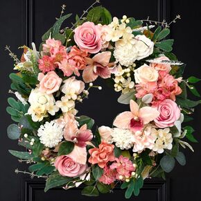 24 Inch Spring Everyday Flower Wreath for Front Door, Soft Touch Pink Roses Orchid Peony Wreath for Indoor Outdoor, Valentine's Flower Wreath for Home Decoration