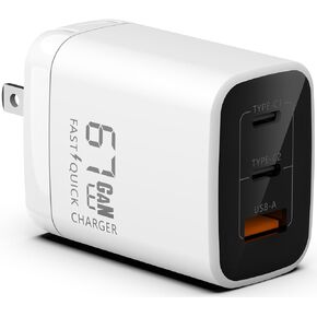 شاحن USB-C سريع بقدرة 67 وات - توصيل طاقة GaN - USB-C مزدوج بالإضافة إلى USB-A - محول طاقة صغير الحجم سريع لأجهزة الكمبيوتر المحمولة والهواتف الذكية والأجهزة اللوحية وآلاف الأجهزة الأخرى (أسود) in Kuwait