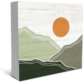 SRADMO Abstract Boho Sun Green Mountains Wood Box Sign Desk Decor，Bohemian Nature Landscape Wooden Block Box Sign Decoration For Home Office Shelf Table Decor