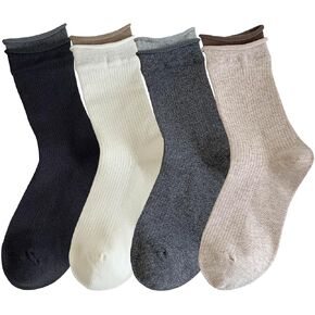 zrylibya Women Cute Roll Top Turn Cuff Slouch Ankle Socks Solid Color Block Casual Crew Socks 4 Pairs