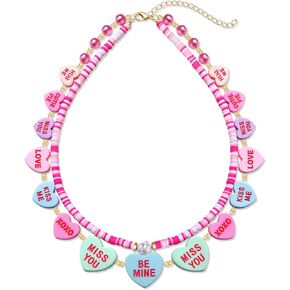 Valentines Conversation Heart Necklace Pink Pearl Beaded Conversation Hearts Necklace HeiShi Clay Layered Necklace Valentine's Day Concert Party Necklace Jewelry Accessory