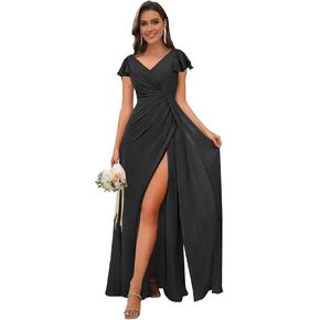 Short Sleeve Chiffon Bridesmaid Dresses for Women V-Neck Ruched Long Evening Formal Dress with Side Slit