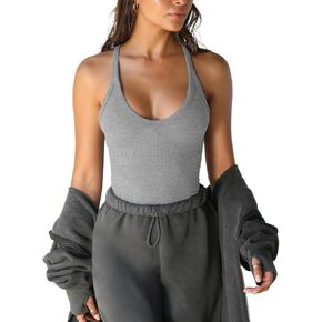 Racerback Tank Tops for Women Yoga Gym Workout Cami Top Fitted Sexy Low Cut Ribbed Sleeveless Shirts