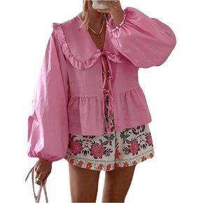 MakeMeChic Women's Long Puff Sleeve Ruffled Blouses Tie Front Collared Neck Cute Babydoll Tops