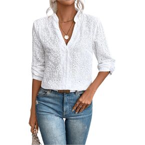 SweatyRocks Women's Notched V Neck Roll Up Sleeve Button Down Eyelet Blouses Tops