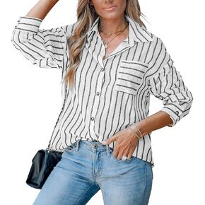 CUPSHE Women's Long Sleeve T-Shirt Stripes Casual Blouses Button Down Shirt Tops with Pocket