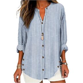 SHENHE Women's Striped Button Down Tunic Shirt Notch V Neck Long Sleeve Shirts Blouse