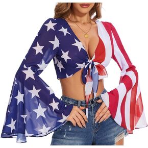 Patriotic Shirts for Women 4th of July Bell Sleeve Top V Neck Crop American Flag Top