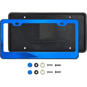 Silicone Back Guard License Plate Holder Blue Chrome Mirror License Plate Frame T304 Stainless Steel + Metal Screw Caps