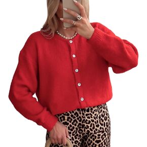 ThCreasa Womens Open Front Cardigan Sweaters Button Down Long Sleeve Casual Crew Neck Solid Knit Cardigans Outerwear