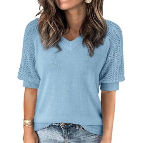 Women's Cute Crochet Short Sleeve Sweater Tops Fall 2024 Lightweight Sexy V Neck Hollow Out Knit T-Shirt