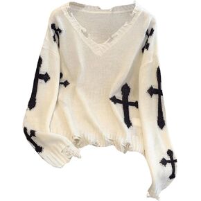 Floerns Women's Gothic V Neck Distressed Sweaters Long Sleeve Graphic Jumper Top