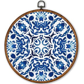 TLESKE Grand Millenial Chinoiserie Round Wall Art Decor, Blue and White Grandmillennial Framed Canvas Prints Wall Art Artwork, Aesthetic Abstract Wall Hanging Door Decor Decorations for Bedroom Living Room, 10x10
