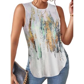Hilinker Womens Sleeveless Split Tank Top Summer Casual Curved Hem Crewneck T-Shirt