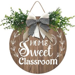 Home Sweet Classroom Sign for Front Door, Decor for Farmhouse Porch Decorations, Round Wooden Hanging Sign for Home Outdoor Indoor, 12In