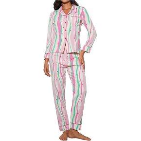 Verdusa Women's 2 Piece Striped Pj Set Button Up Pajamas Sleepwear Top and Pants