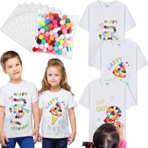 3 Pcs 100th Day of School DIY Shirt Kit Gumball Machine Ice Cream Caterpillar DIY T Shirt with Pom Poms Balls Dot Stickers for Kids DIY Art Creative School 100 Days Party Activity Supplies