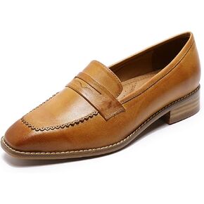 Mona flying Women's Top Leather Square Toe Penny Loafer Dress Casual Slip on Flat Office Work Shoes for Ladies